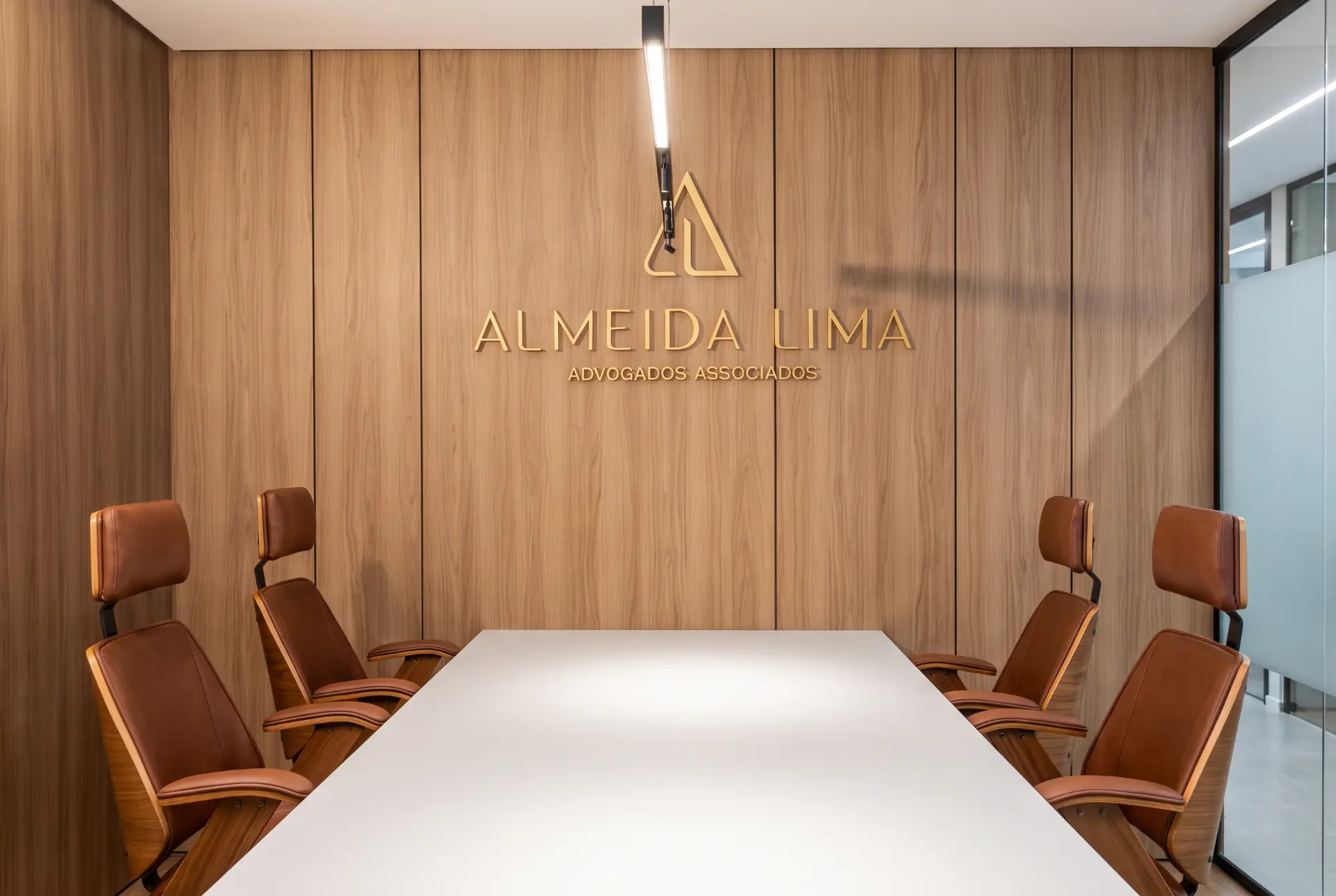 Sala de reuniões do escritório Almeida Lima com a marca em madeira